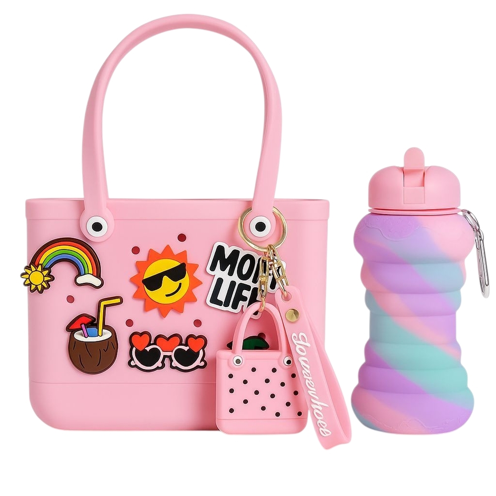 Mom Life Gift Set – Silicone Tote Bag with Charms, Matching Keychain & Collapsib